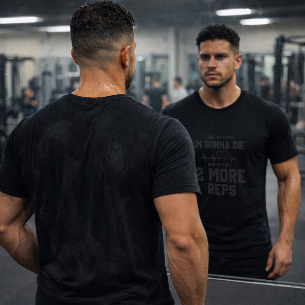 Funny Gym Workout Tee 2 More Reps Edition 2026 6 Back view of black unisex t-shirt on male model showing fit, shoulder and length