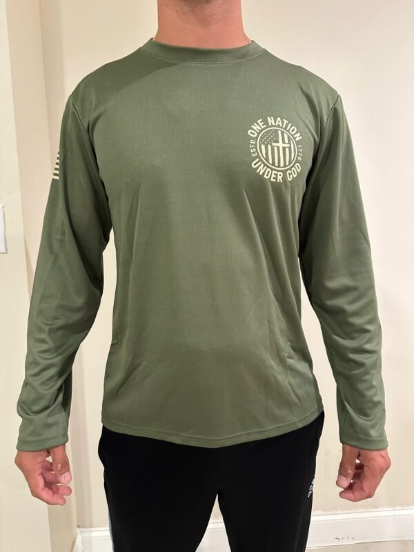 Freedom Flag – One Nation Under God and Freedom Long Sleeve Shirt,Distressed American Flag Patriotic Tee, Military Green Performance Shirt, Liberty Apparel - Image 6