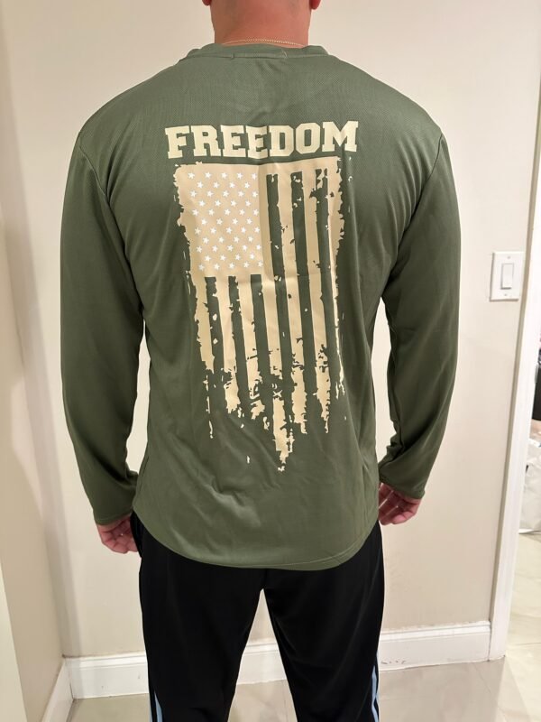 Freedom Flag – One Nation Under God and Freedom Long Sleeve Shirt,Distressed American Flag Patriotic Tee, Military Green Performance Shirt, Liberty Apparel - Image 7