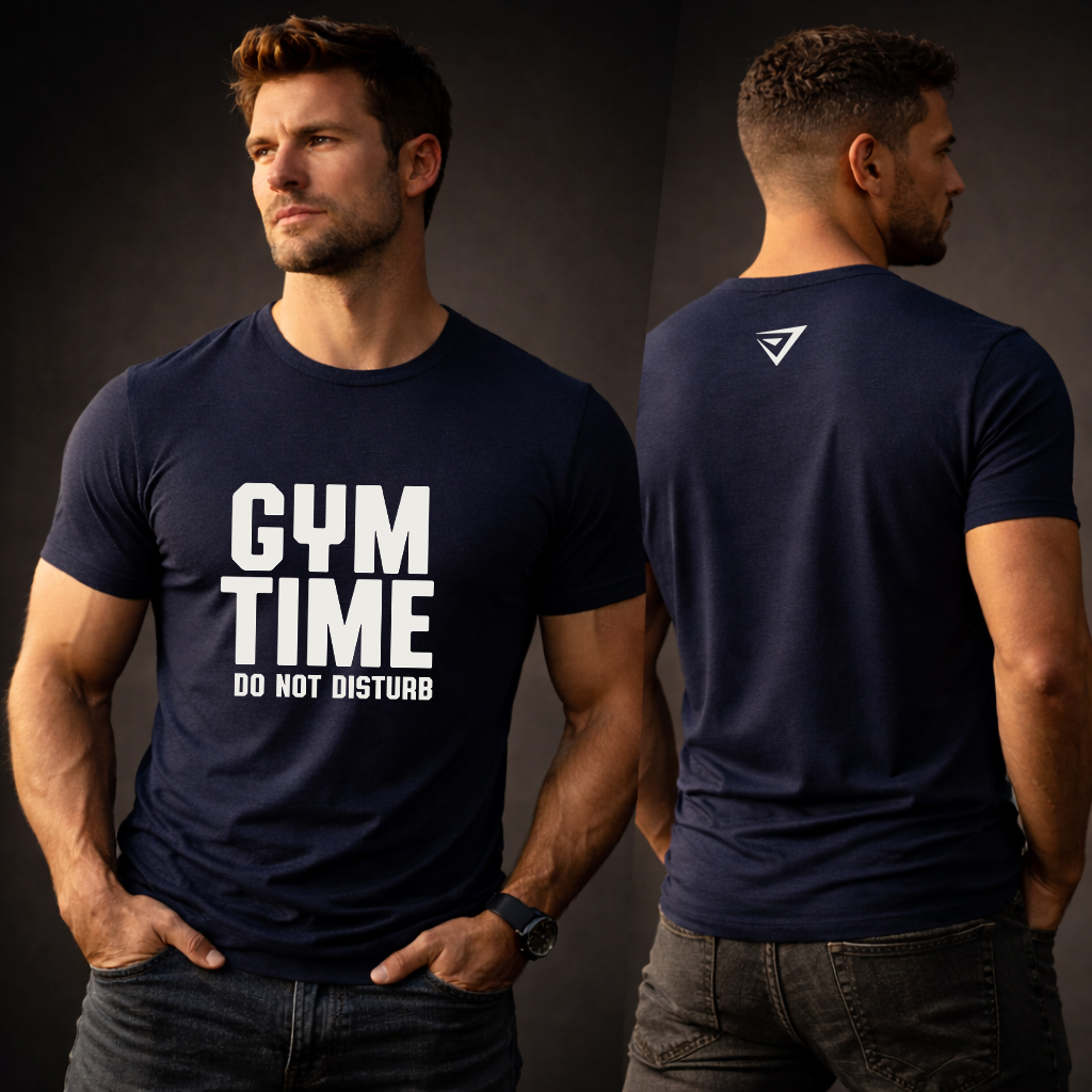 Navy gym time do not disturb t-shirt front and back view men motivational gym shirt athletic fit fitness apparel