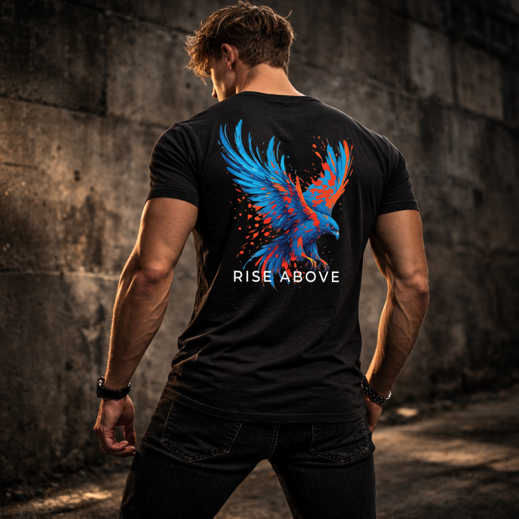 Rise Above Eagle T Shirt – Bold 5-Star Graphic Streetwear Back Print (2026) 2 Rise Above Eagle black streetwear t-shirt back view urban industrial setting