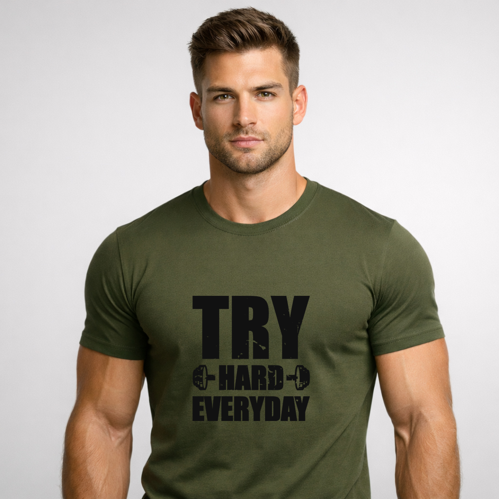 HOME 10 Male model wearing military green Try Hard Everyday gym t-shirt front view studio photo