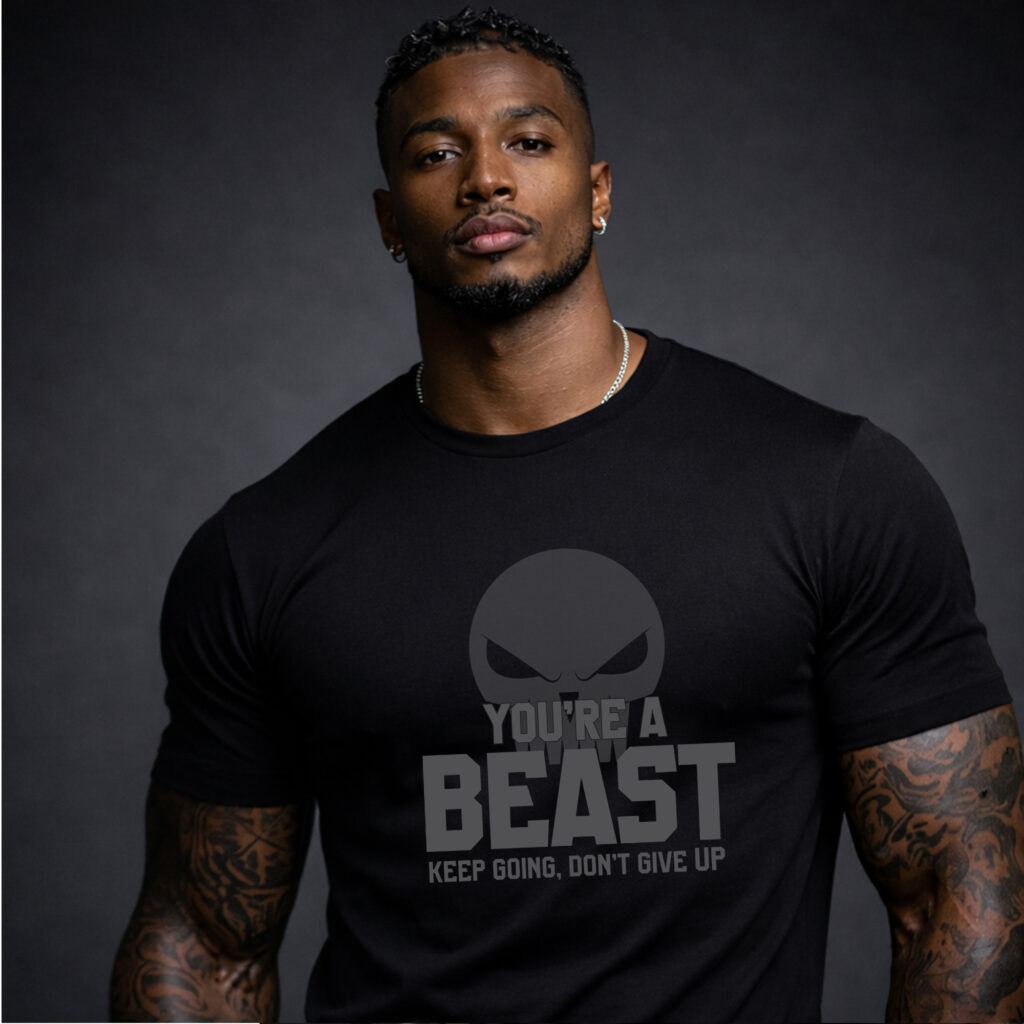 HOME 5 Muscular male model wearing a black on black You’re A Beast gym t-shirt front view premium studio photo