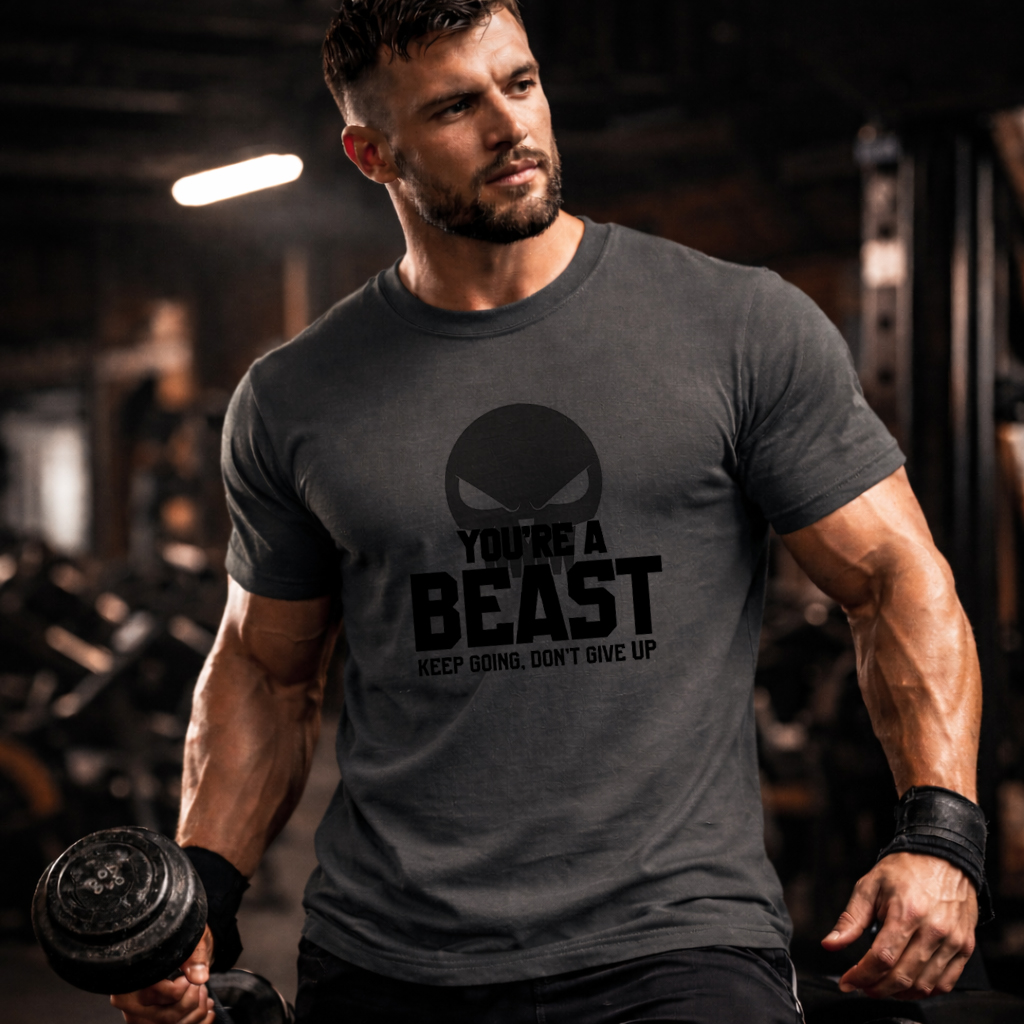 You’re A Beast Gym T-Shirt – Black on Black Motivational Workout Tee (Unisex) 5 Muscular male model wearing a charcoal on black You’re A Beast gym t-shirt front view gym