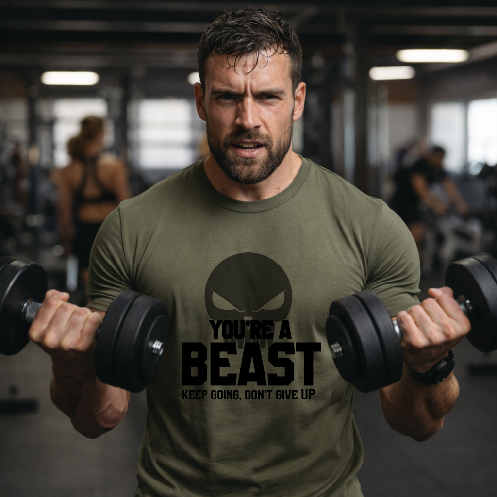 You’re A Beast Gym T-Shirt – Black on Black Motivational Workout Tee (Unisex) 4 Muscular male model wearing a Military green You’re A Beast gym t-shirt front view Gym