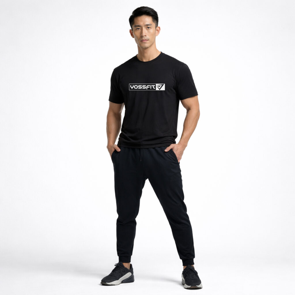 VossFit black performance t-shirt front view full body studio mockup for men athletic fit gym training apparel