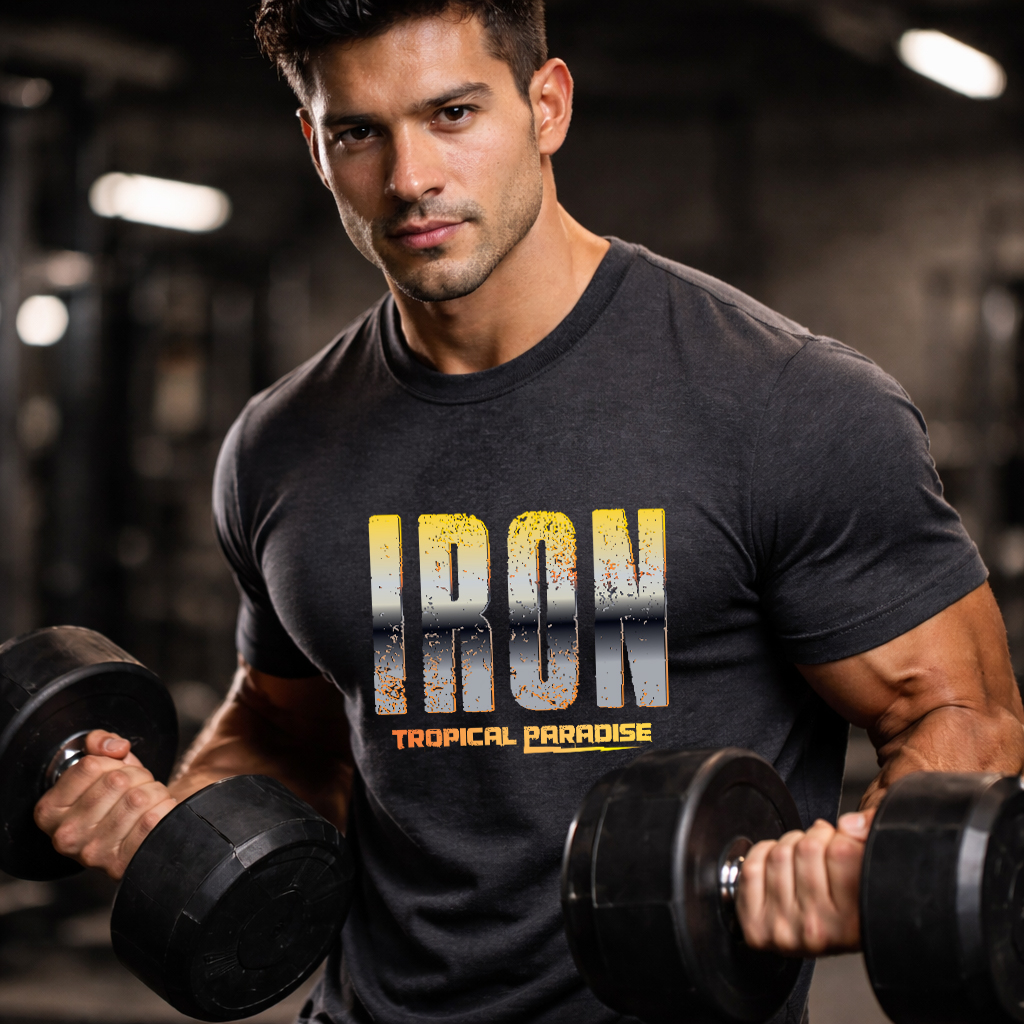 IRON Tropical Paradise Gym T Shirt black gym graphic