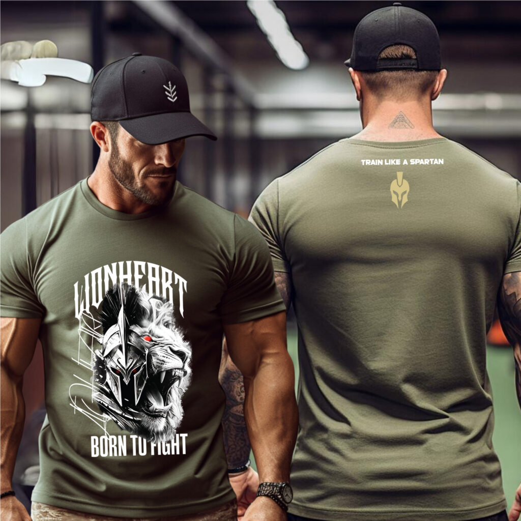 Lionheart Spartan gym t-shirt front and back view olive green premium fitness shirt