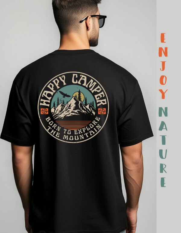 "HAPPY CAMPER" Mountain Explorer T-Shirt-"BORN TO EXPLORE THE MOUNTAIN," perfect for nature lovers. - Image 2