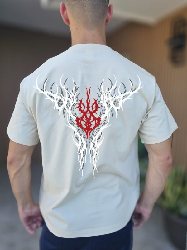 TRIBAL EMBRACE" Abstract Art T-Shirt - Edgy Gothic and Alternative Tee - Unique Red & White Design - Unisex Sizes S-2XL - Image 2