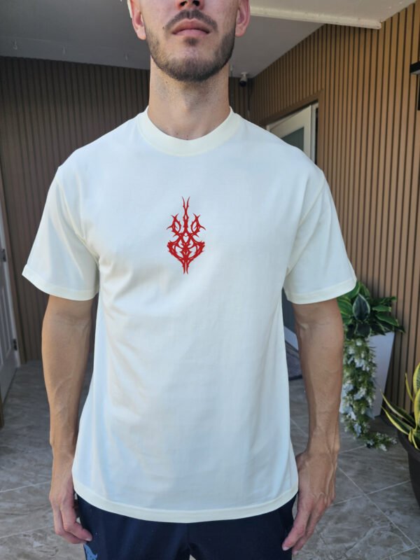 TRIBAL EMBRACE" Abstract Art T-Shirt - Edgy Gothic and Alternative Tee - Unique Red & White Design - Unisex Sizes S-2XL - Image 3