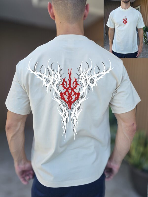 TRIBAL EMBRACE" Abstract Art T-Shirt - Edgy Gothic and Alternative Tee - Unique Red & White Design - Unisex Sizes S-2XL - Image 4