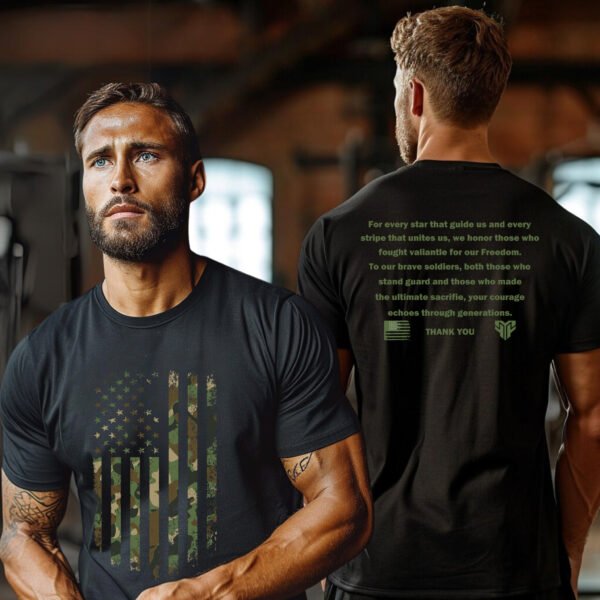 "THANK YOU: Camo Flag" Tactical T-Shirt - Honor, Courage, Freedom.