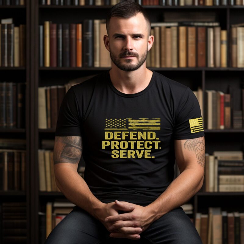 Defend protect serve t shirt black patriotic tactical front view