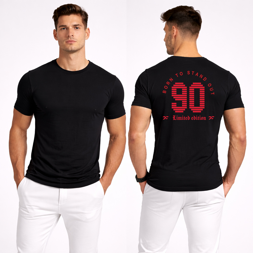 Black born to stand out 90 t shirt with red varsity back print front and back view