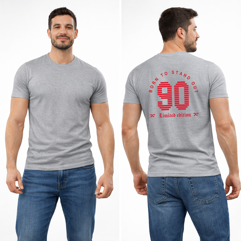 Born To Stand Out 90 T-Shirt Limited Edition Varsity Back Print 3 Heather gray born to stand out 90 t shirt with red back graphic studio view