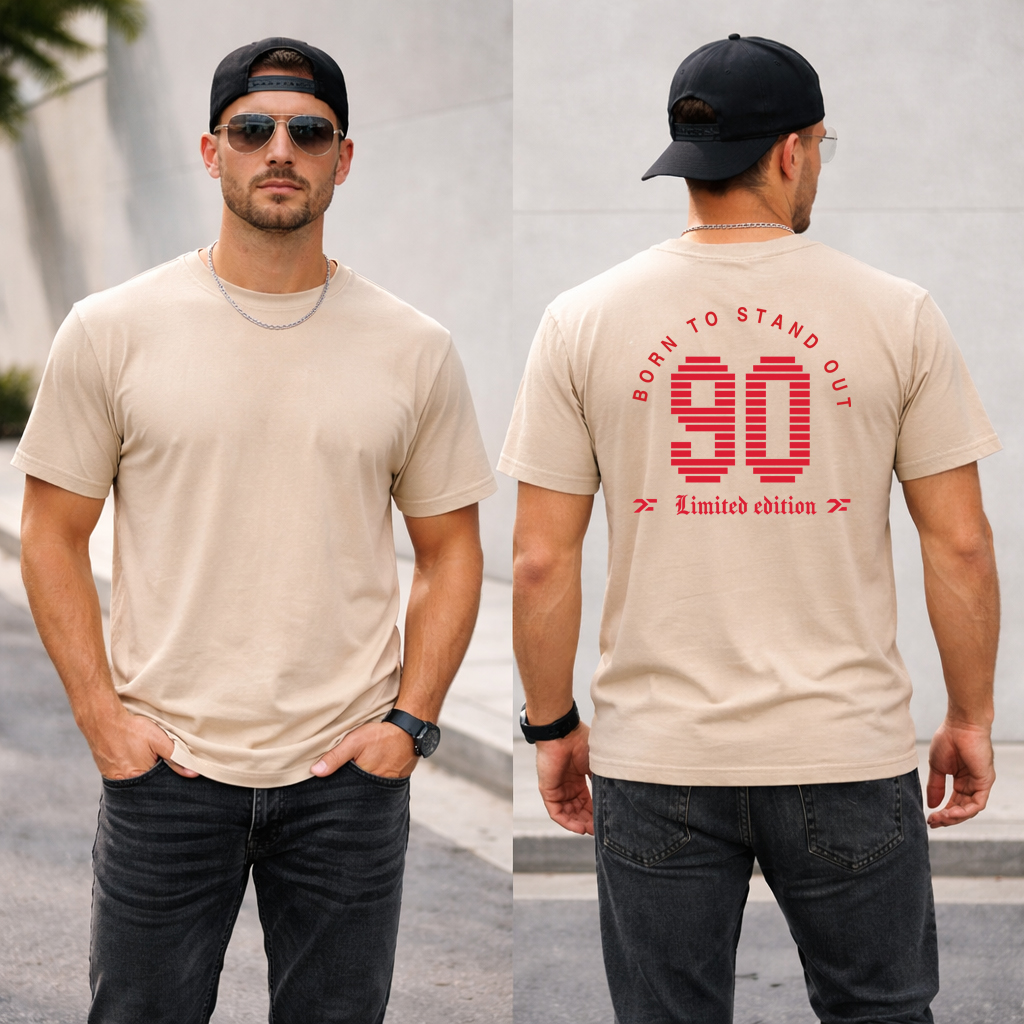 Born To Stand Out 90 T-Shirt Limited Edition Varsity Back Print 2 Sand born to stand out 90 t shirt limited edition back design lifestyle view