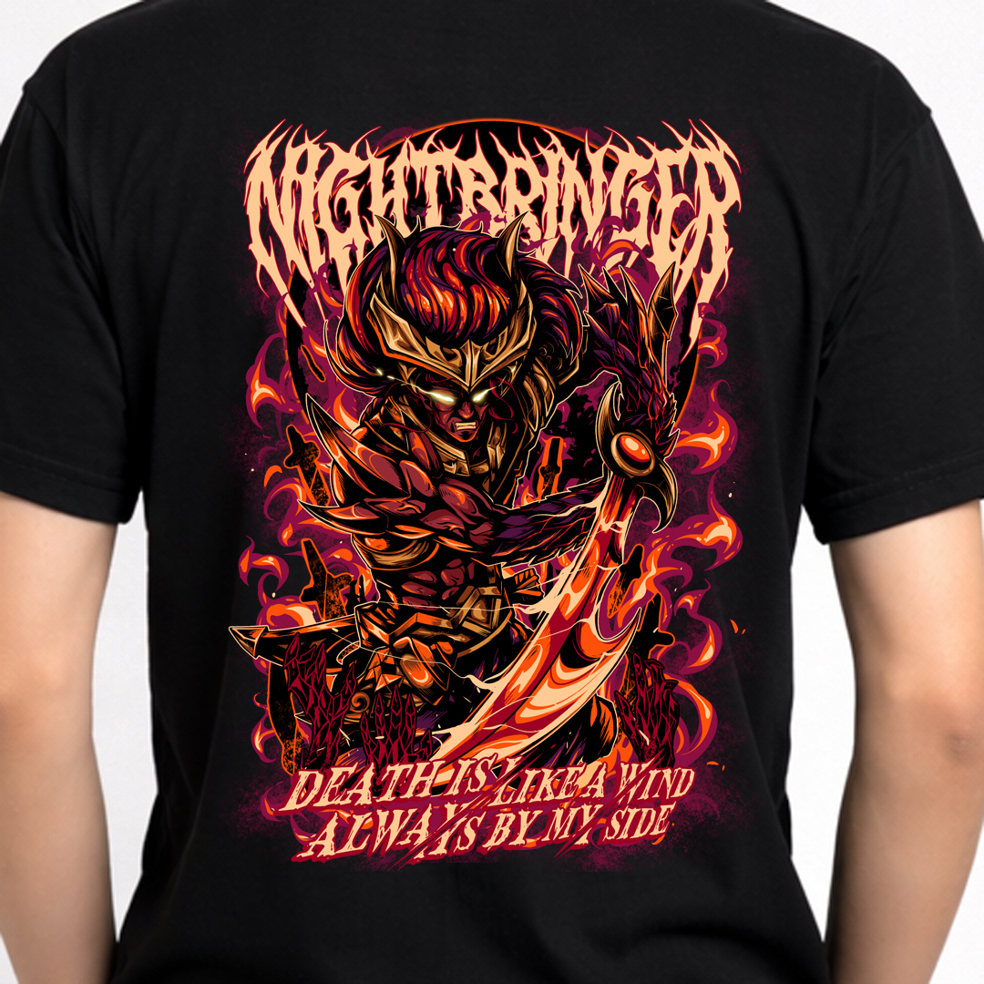 Dark Fantasy Demon Graphic T-Shirt – Gamer Streetwear Shirt 6 Close-up back view of the black t-shirt showing the large back graphic with crisp colors and detailed print