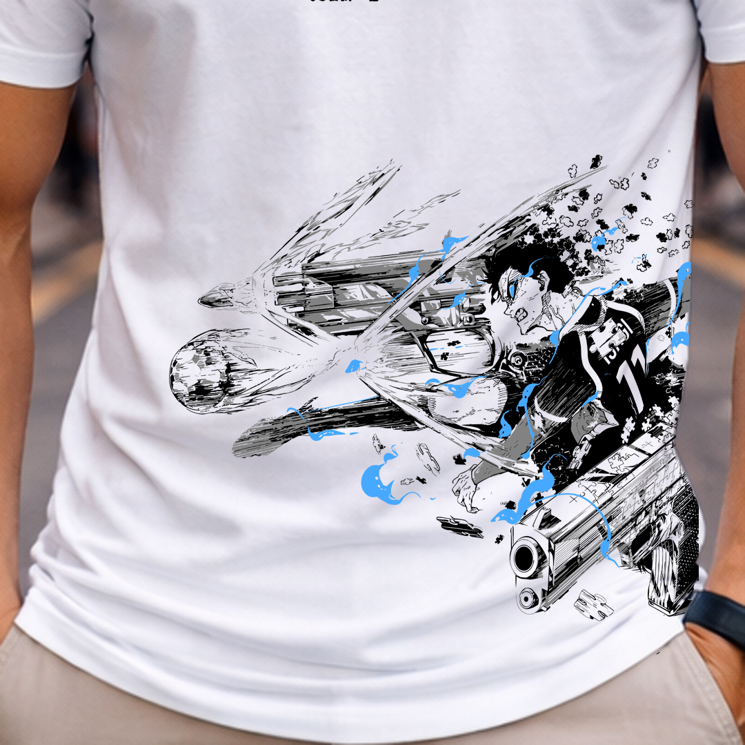 Blue Lock Anime T Shirt 5X Ultimate Egoist Streetwear Graphic Tee 5 Close-up view of the bottom right corner of the Isagi graphic print showing detailed line art and blue accents