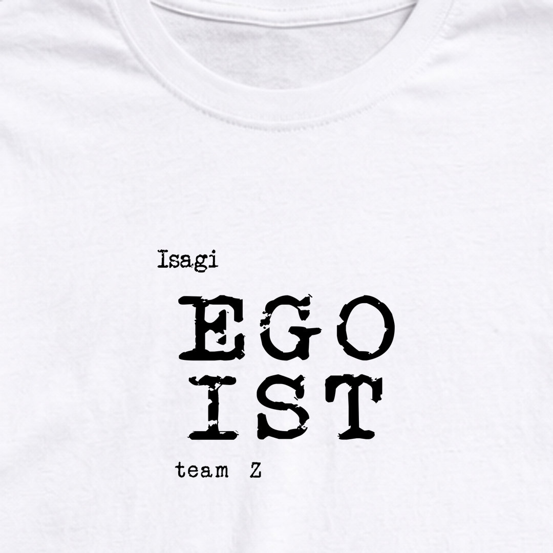 Blue Lock Anime T Shirt 5X Ultimate Egoist Streetwear Graphic Tee 6 Close-up view of the chest typography on the white t-shirt showing the Egoist Isagi text print.