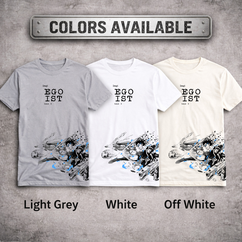Blue Lock Anime T Shirt 5X Ultimate Egoist Streetwear Graphic Tee 8 Colors available image showing three blank t-shirts in light grey, white, and off white.