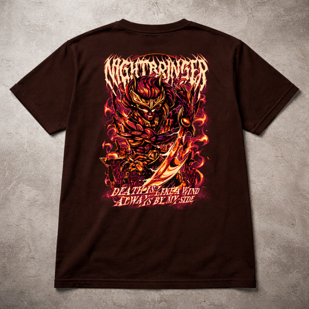 Dark Fantasy Demon Graphic T-Shirt – Gamer Streetwear Shirt 9 Flat lay back view of a dark chocolate brown t-shirt showing the large back graphic print clearly