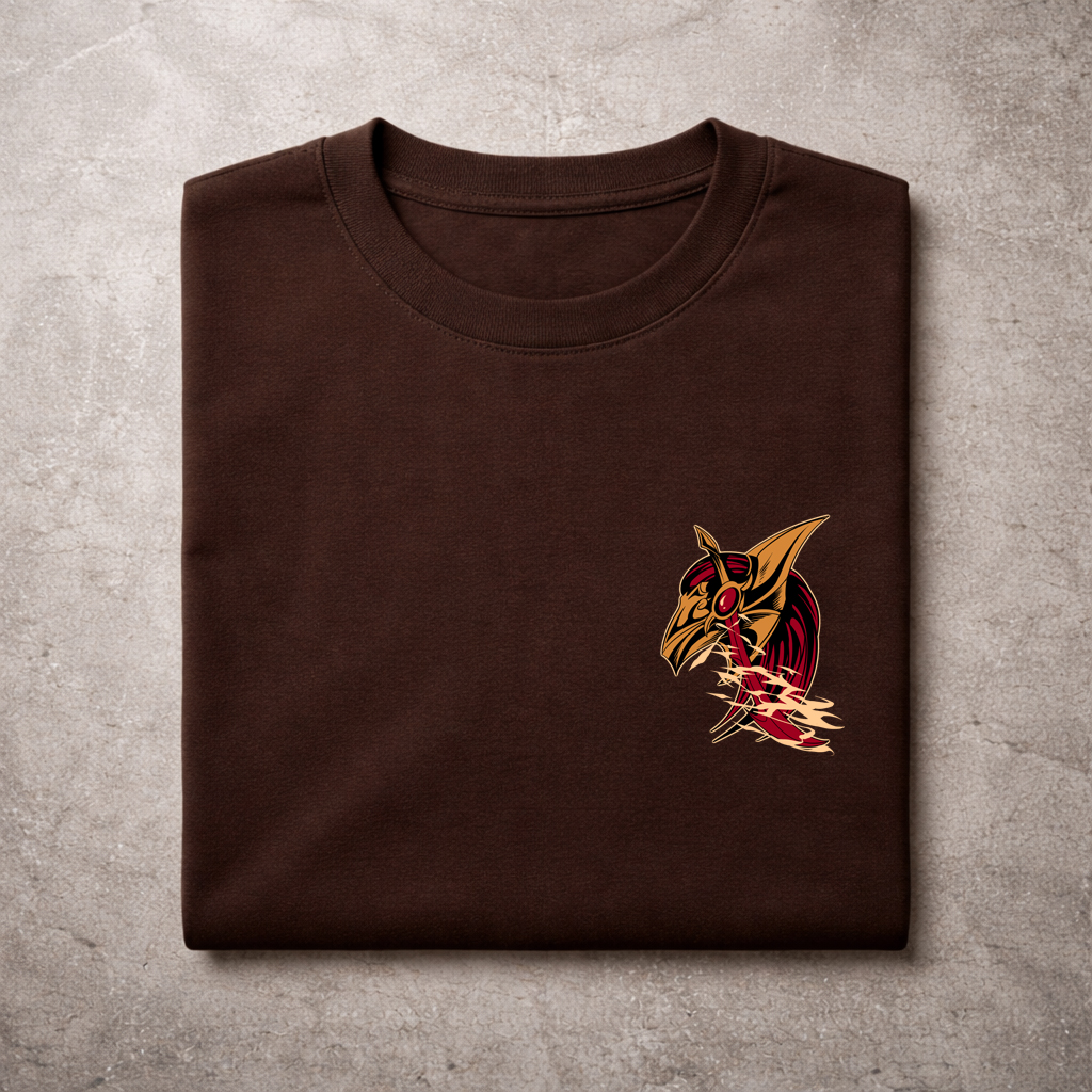 Dark Fantasy Demon Graphic T-Shirt – Gamer Streetwear Shirt 8 Flat lay front view of a dark chocolate brown t-shirt on a neutral background, blank apparel mockup for streetwear