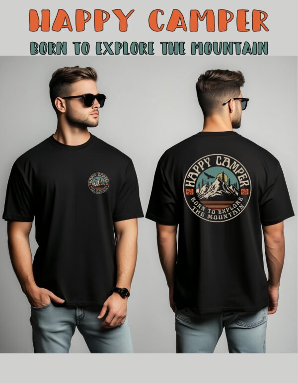 "HAPPY CAMPER" Mountain Explorer T-Shirt-"BORN TO EXPLORE THE MOUNTAIN," perfect for nature lovers.