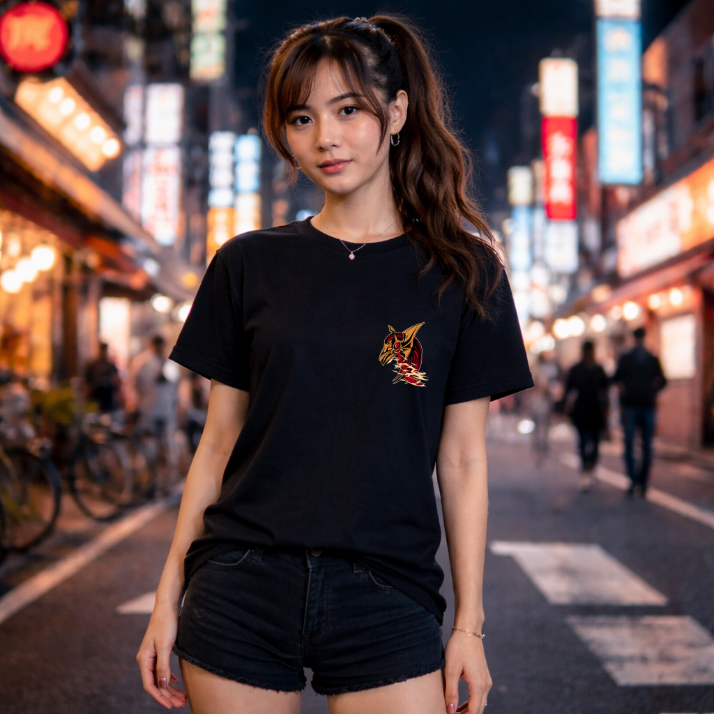 Dark Fantasy Demon Graphic T-Shirt – Gamer Streetwear Shirt 4 Young woman wearing a black t-shirt in a Tokyo streetwear background, front view with a small left chest graphic.