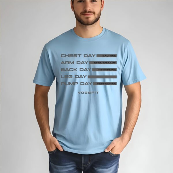 Gym Workout Schedule Tee - Motivational Fitness Apparel - VOSSFIT Daily Grind T-Shirt - Black, Light Blue, Navy, Brown, Grey, Olive Green - Image 6