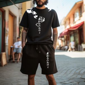Mugiwara No Luffy Anime Shirt Set – Japanese Streetwear T-Shirt and Shorts, Black & White Graphic Tee Combo