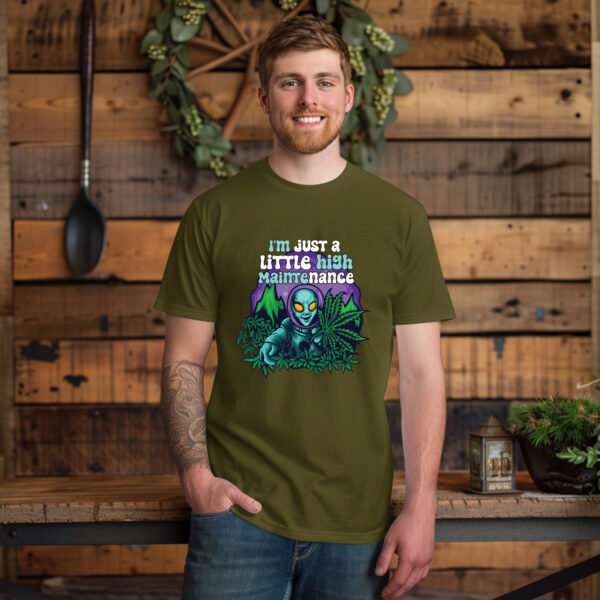 "LITTLE HIGH MAINTENANCE ALIEN" Funny Graphic T-Shirt - Quirky Sci-Fi & Cannabis Humor Tee. - Image 12