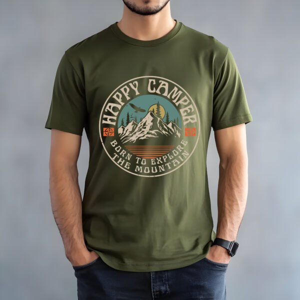 "HAPPY CAMPER" Mountain Explorer T-Shirt-"BORN TO EXPLORE THE MOUNTAIN," perfect for nature lovers. - Image 4