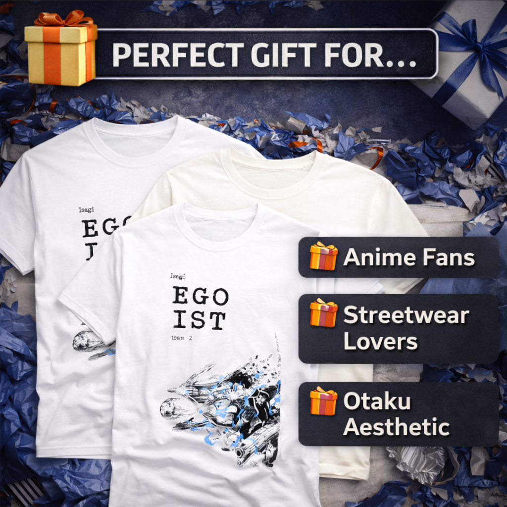 Blue Lock Anime T Shirt 5X Ultimate Egoist Streetwear Graphic Tee 9 Perfect gift graphic showing the Egoist Isagi t-shirt as a gift idea for anime fans, streetwear lovers, and otaku aesthetic.