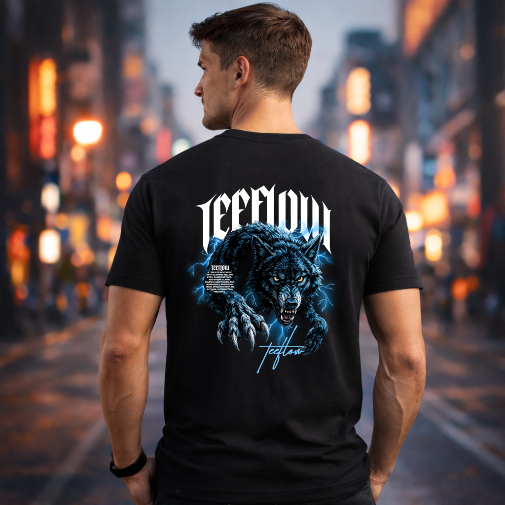 Shadow Alpha Electric Wolf T-Shirt black streetwear back print with blue lightning wolf graphic