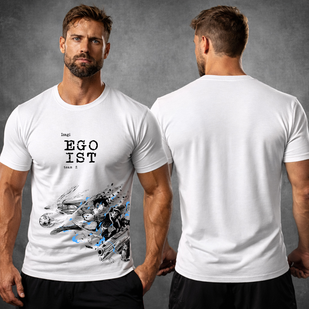 Blue Lock Anime T Shirt 5X Ultimate Egoist Streetwear Graphic Tee 2 Studio combo image showing front and back views of the white Egoist Isagi graphic t-shirt.