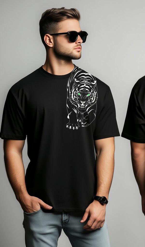 Fierce Tiger T-Shirt with Green Eyes - Edgy Streetwear & Animal Graphic Tee. - Image 3