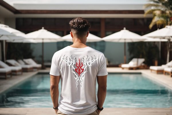 TRIBAL EMBRACE" Abstract Art T-Shirt - Edgy Gothic and Alternative Tee - Unique Red & White Design - Unisex Sizes S-2XL - Image 9