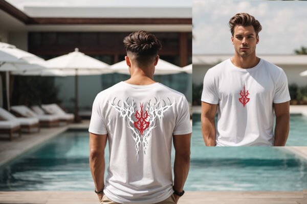 TRIBAL EMBRACE" Abstract Art T-Shirt - Edgy Gothic and Alternative Tee - Unique Red & White Design - Unisex Sizes S-2XL - Image 11