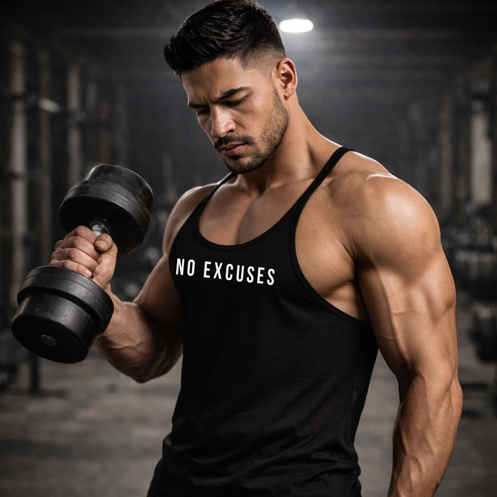 Hardcore bodybuilding stringer tank for men black racerback gym tank with No Excuses print