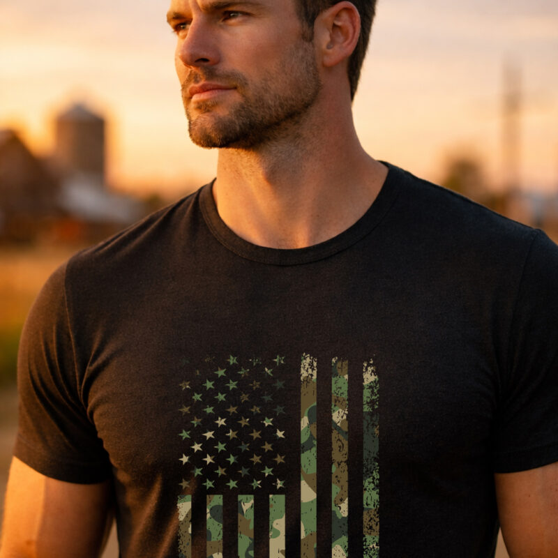 American flag camo tactical t shirt black front view patriotic military design