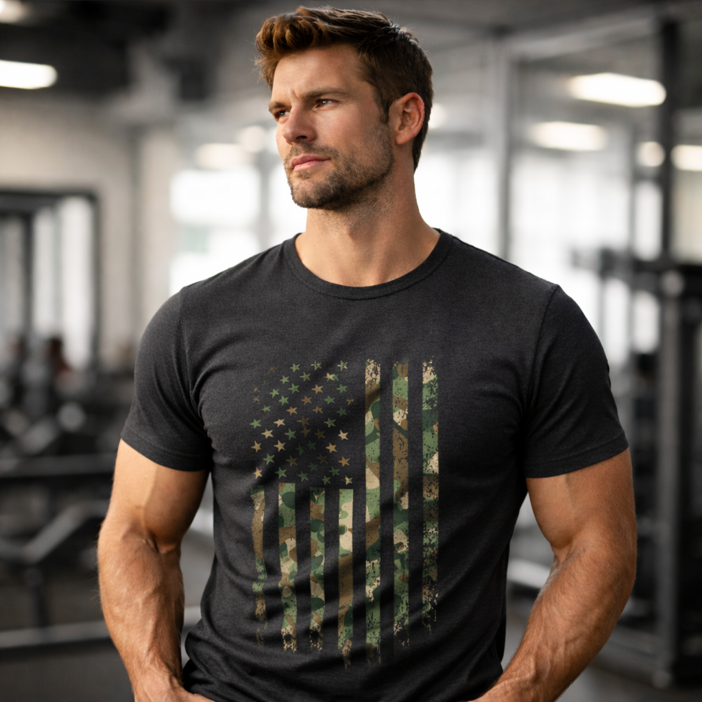 American Flag Camo Tactical T Shirt 2026 Ultimate Patriotic Military Gym Tee 6 Charcoal distressed American flag tactical t-shirt front view