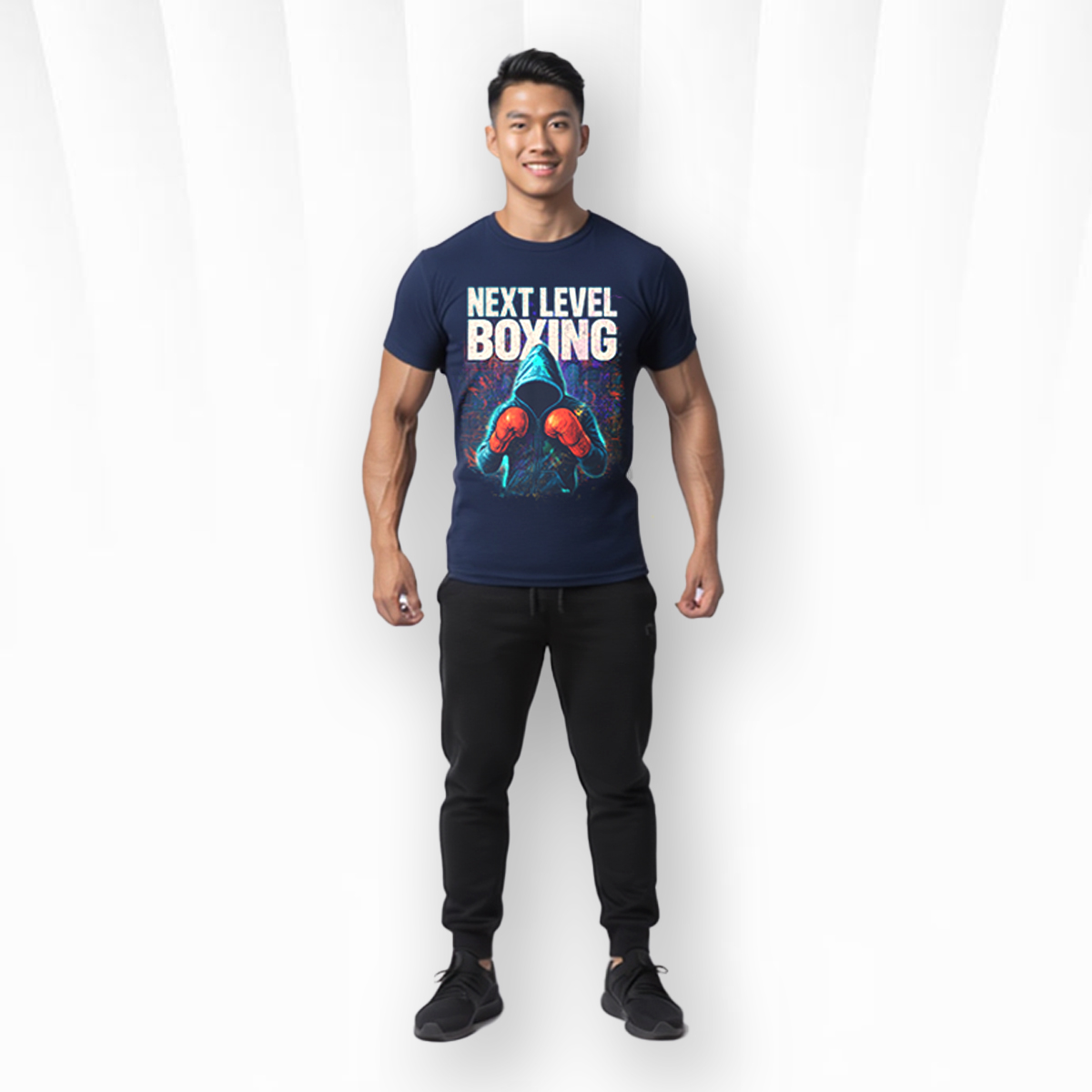 Next Level Boxing T-Shirt – Elite Gym Training Graphic Tee 2 Athletic man wearing navy Next Level Boxing training t shirt in boxing gym