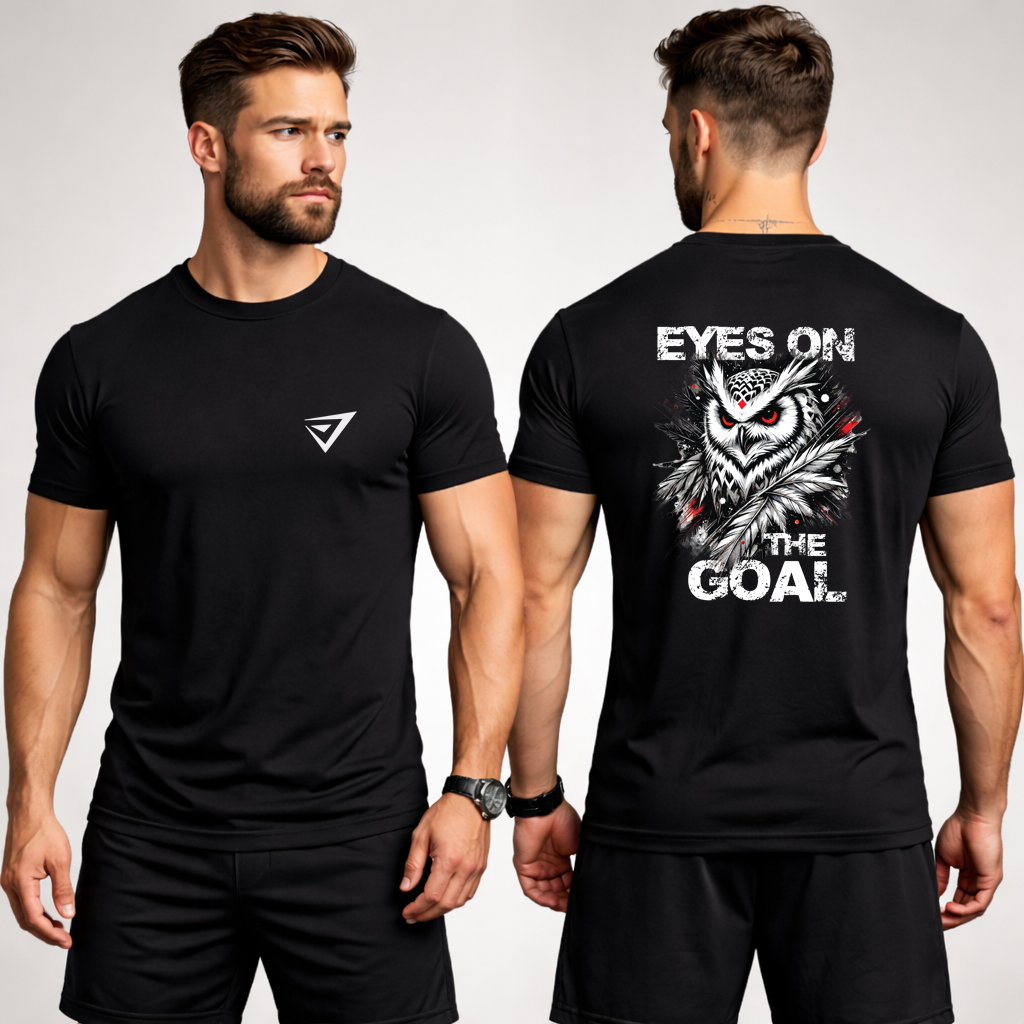 Eyes on the Goal gym t shirt black showing front minimal logo and full back motivational owl design
