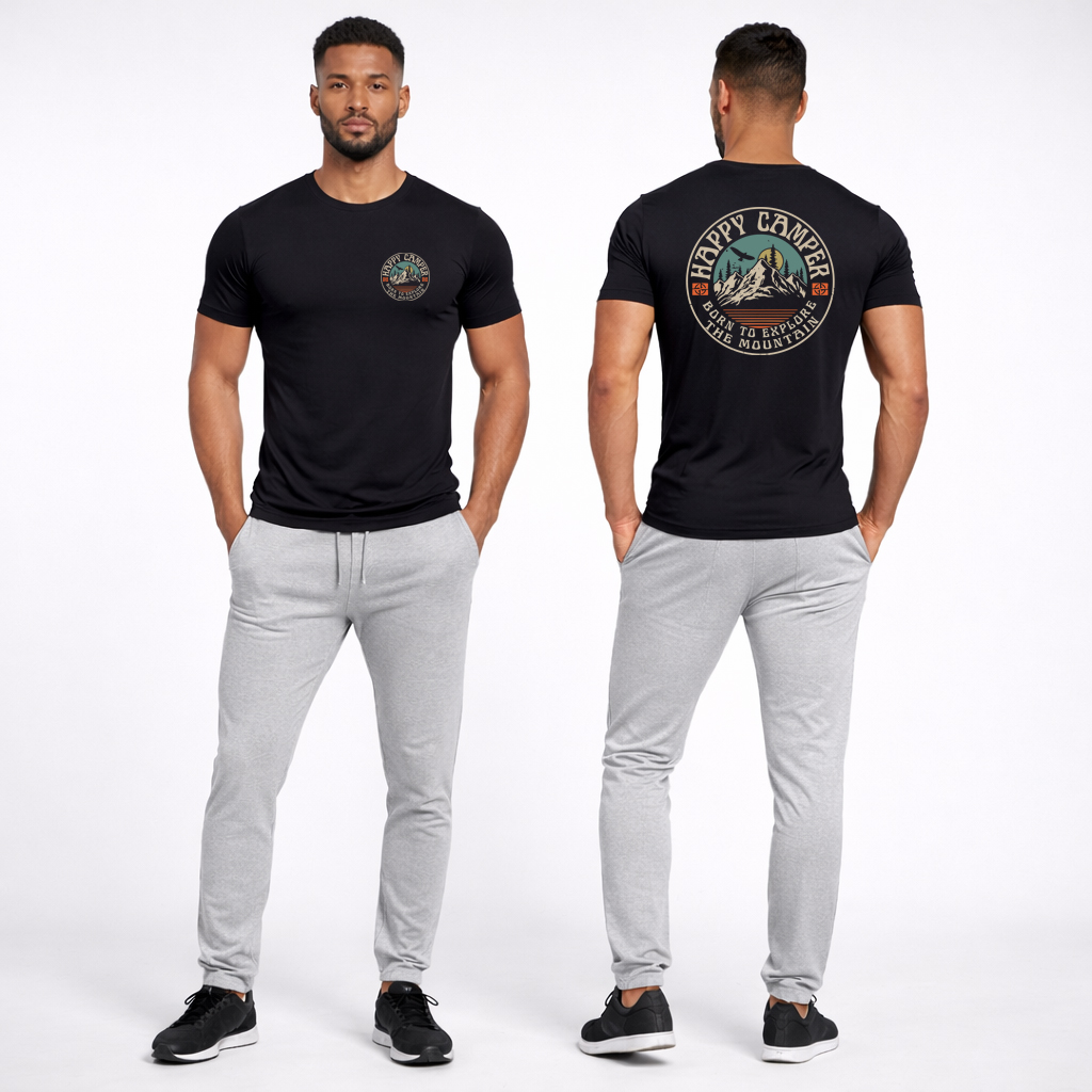 Happy Camper Mountain Badge T Shirt Vintage Outdoor Tee 2025 4 Happy Camper Mountain Badge T Shirt black front and back view showing full mountain badge outdoor graphic