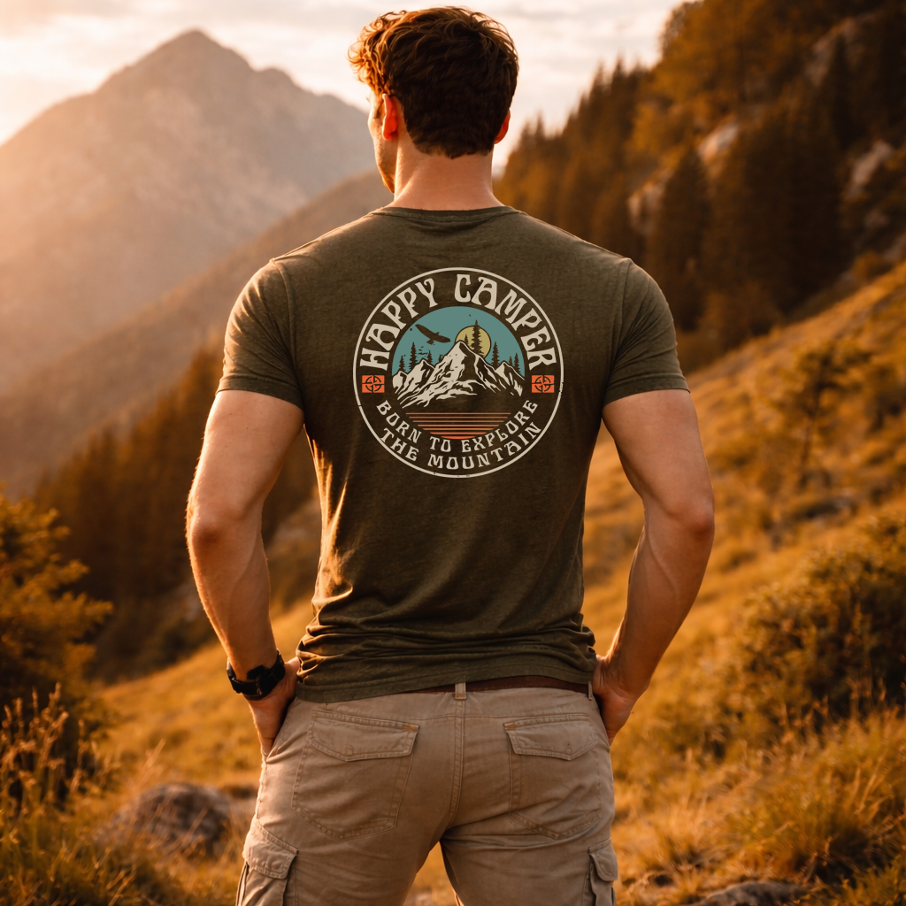 Happy Camper Mountain Badge T Shirt olive outdoor mountain hiking scene