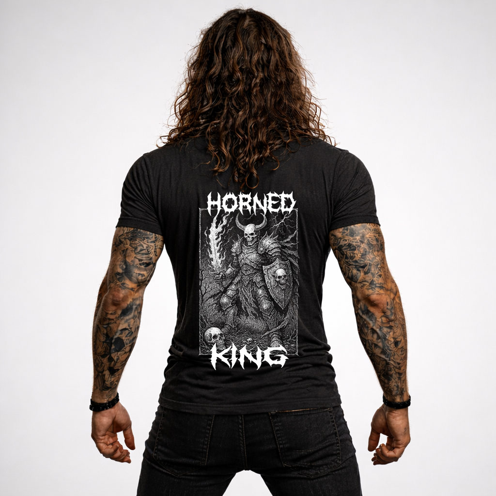 Medieval Knight T Shirt – Powerful Gothic Back Print Streetwear Black 4 Horned King black graphic t-shirt back print medieval knight illustration, clean studio product view