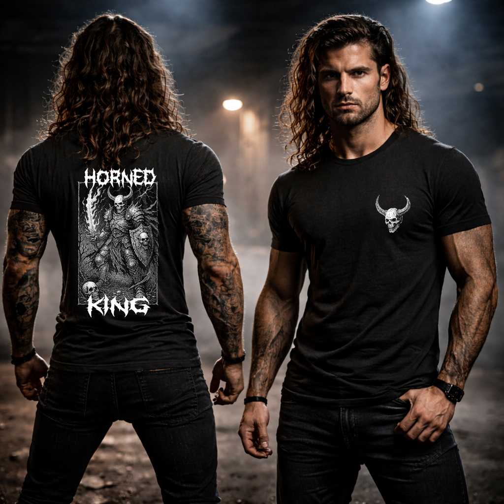 Medieval Knight T Shirt – Powerful Gothic Back Print Streetwear Black 3 Horned King medieval warrior graphic back print black t-shirt, dark urban streetwear alley background