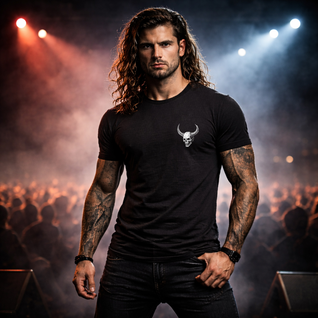 Medieval Knight T Shirt – Powerful Gothic Back Print Streetwear Black 2 Horned King black t-shirt front view with small horned skull chest logo, rock band style concert atmosphere