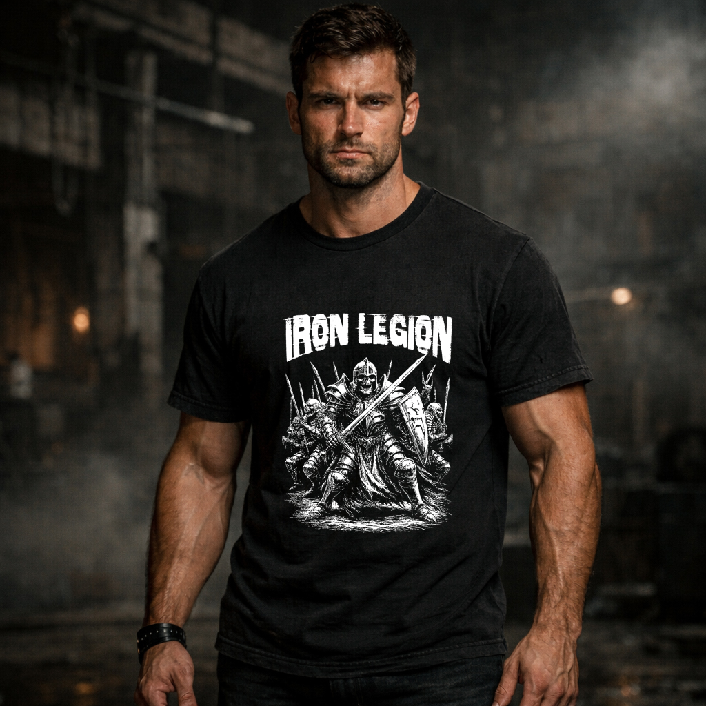 Black Iron Legion medieval warrior graphic tee, front print knight armor design, cinematic industrial warehouse background